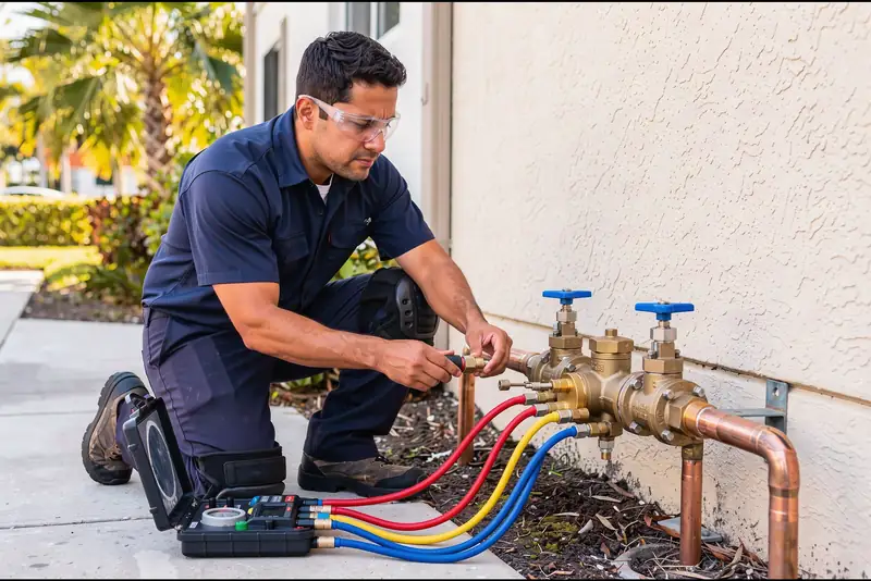 Plumber testing a backflow preventer with a test kit