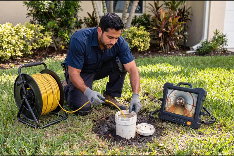 Plumber running a video inspection camera into a sewer cleanout