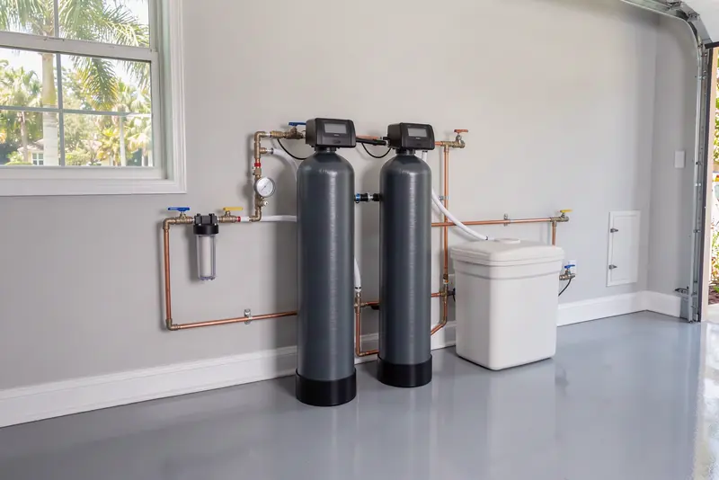 Whole-house water filtration and softener system installed in a home garage