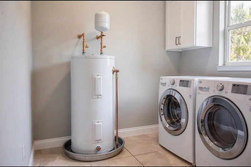 New tank water heater installed in a home laundry room
